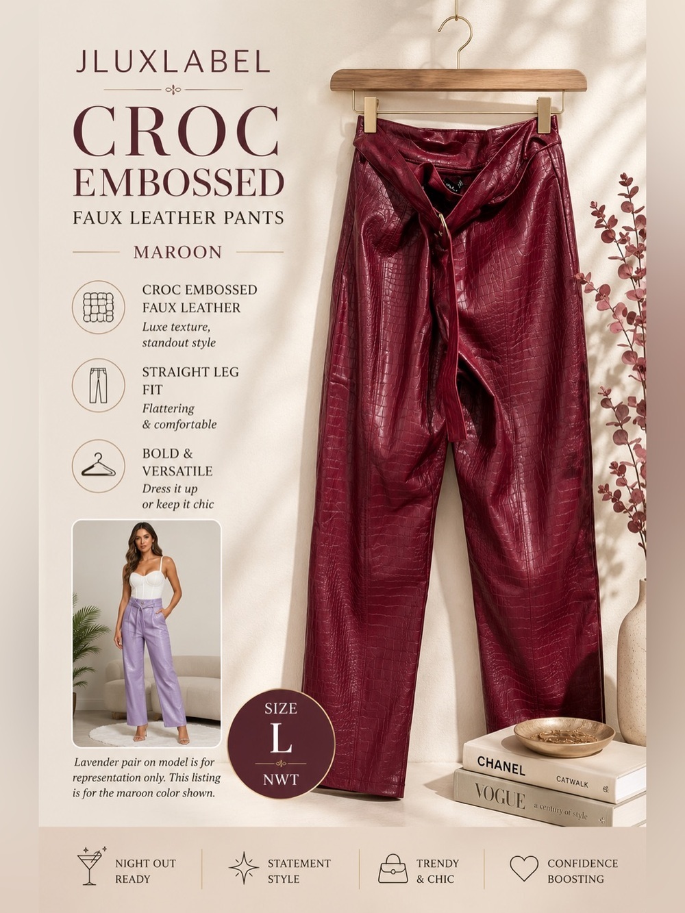 JLUXLABEL Croc Embossed Faux Leather Pants Maroon Size Large NWT